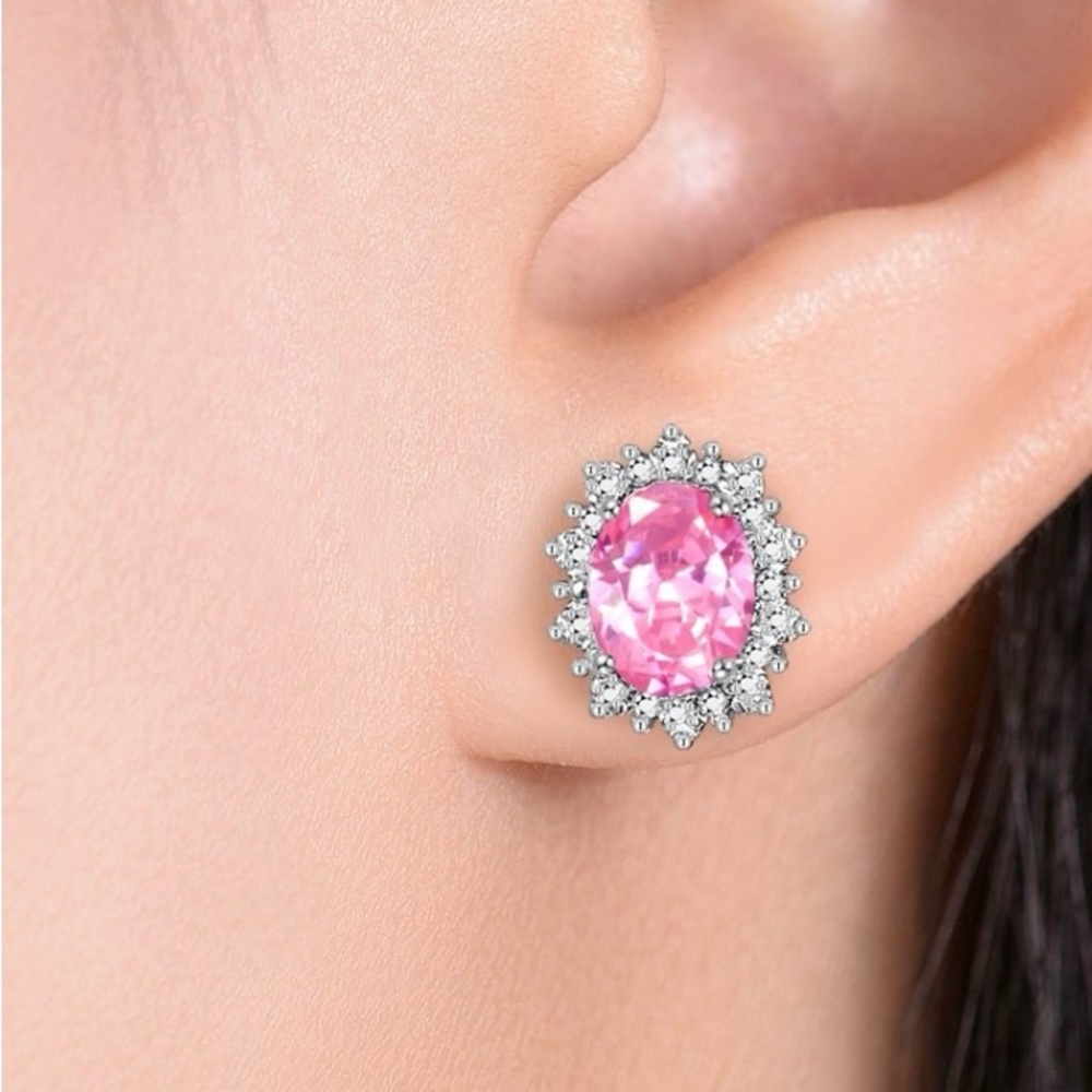 Pink oval crystals .925 sterling silver earrings and pendant set.